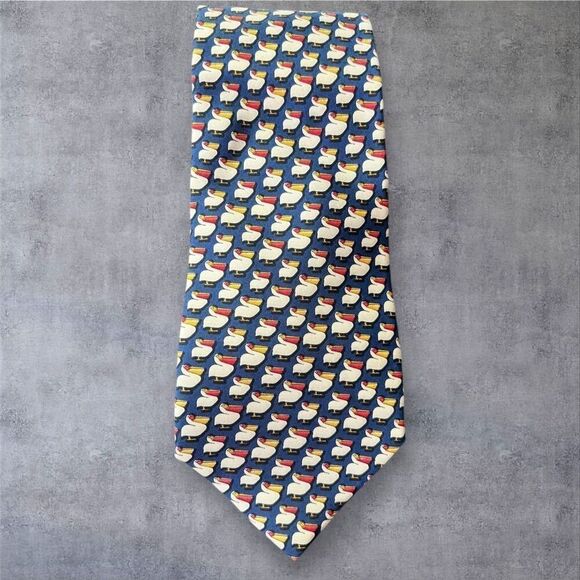 Salvatore Ferragamo Men's Blue Silk Tie Duck Pelican Animal Print - Picture 2 of 7